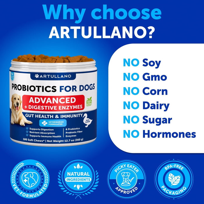 Artullano Advanced Probiotics for Dogs, Duck Flavor, 180 Soft Chews