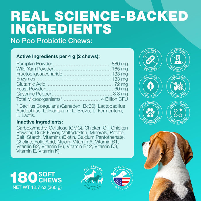 Chewia No Poo Probiotic Soft Chews for Dogs, Duck Flavor, 180 Count