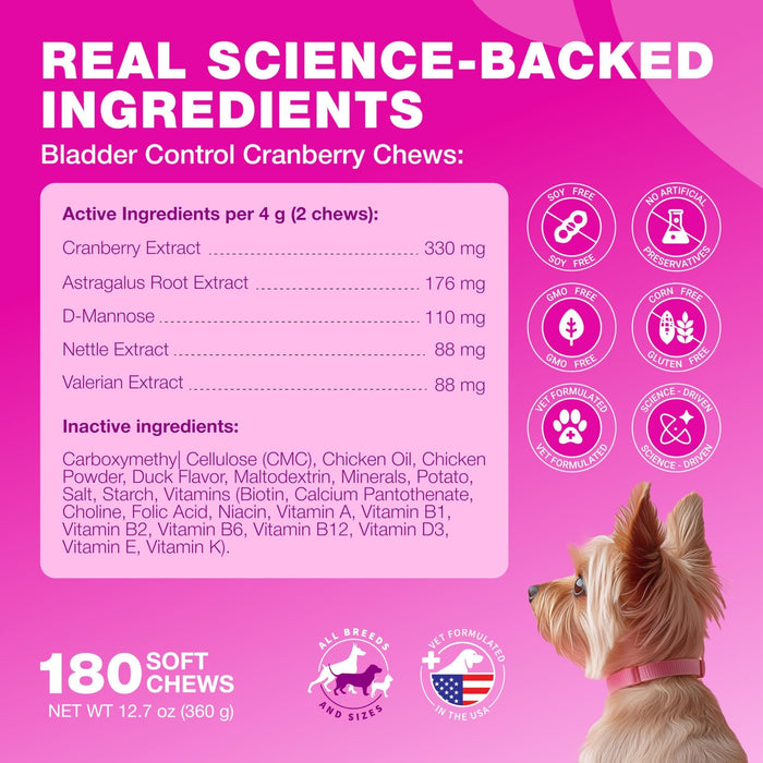 Chewia Cranberry Bladder Control Soft Chews for Dogs, Duck Flavor, 180 Count