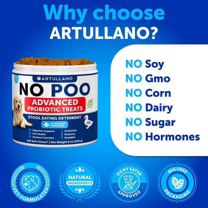 Artullano No Poo Probiotic Soft Chews for Dogs, Peking Duck, 120 Count