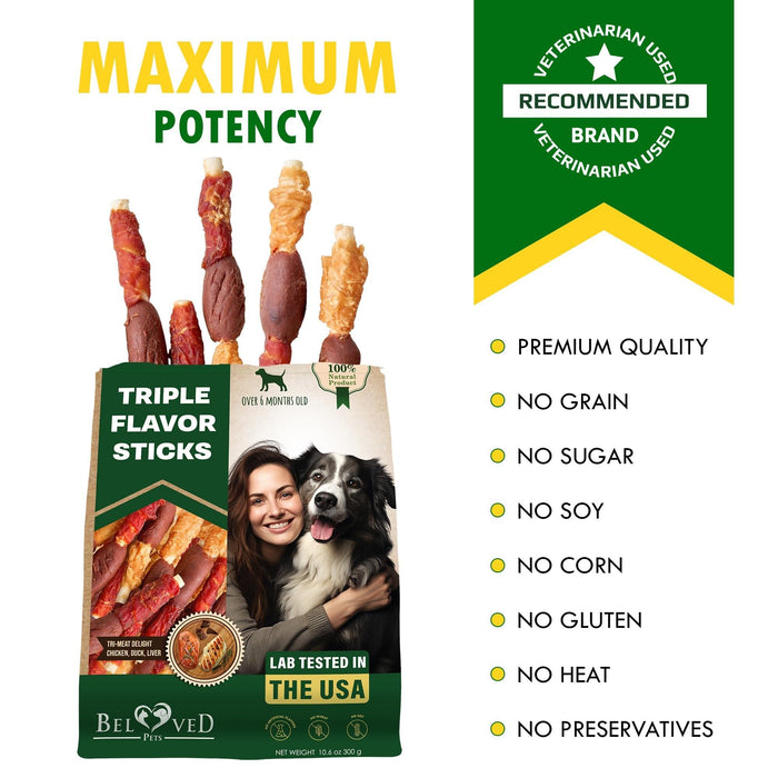 Beloved Pets Triple Flavor Rawhide Dog Chew Sticks, 10.6 oz