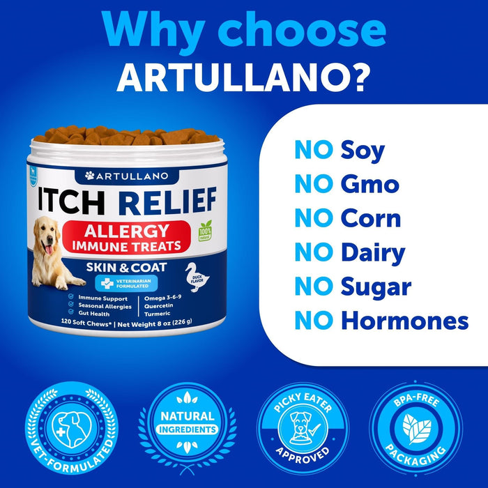 Artullano Skin & Coat Support Soft Chews for Dogs, Duck Flavor, 120 Count