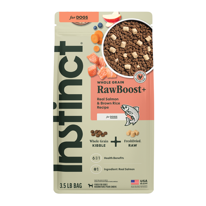 Instinct RawBoost+ Whole Grain Kibble Real Salmon & Brown Rice Recipe dog 3.5 lb. front package