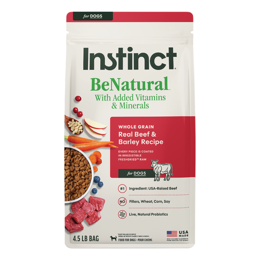 Instinct BeNatural Kibble Real Beef & Barley Recipe dog 4.5 lb. front package
