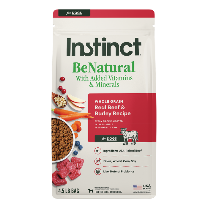Instinct BeNatural Kibble Real Beef & Barley Recipe dog 4.5 lb. front package