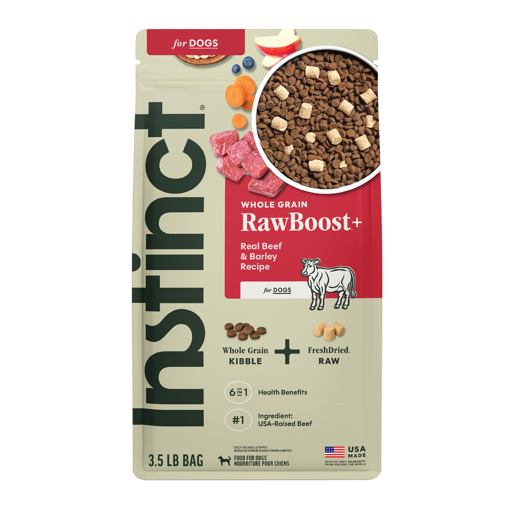 Instinct RawBoost+ Whole Grain Kibble Real Beef & Barley Recipe dog 3.5 lb. front package