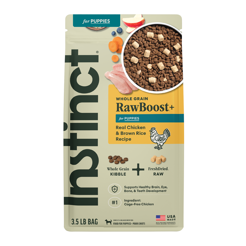 Instinct RawBoost+ Whole Grain Kibble for Puppies Chicken Recipe dog 3.5 lb. front package