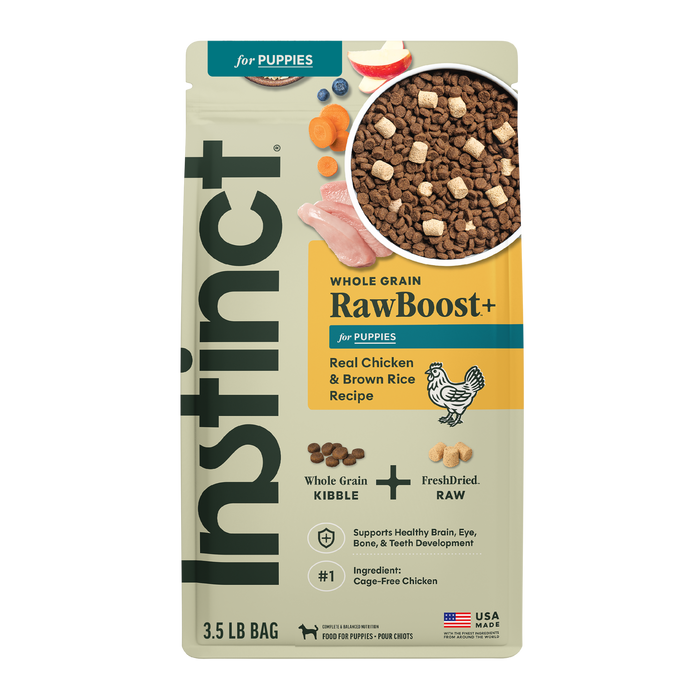 Instinct RawBoost+ Whole Grain Kibble for Puppies Chicken Recipe dog 3.5 lb. front package