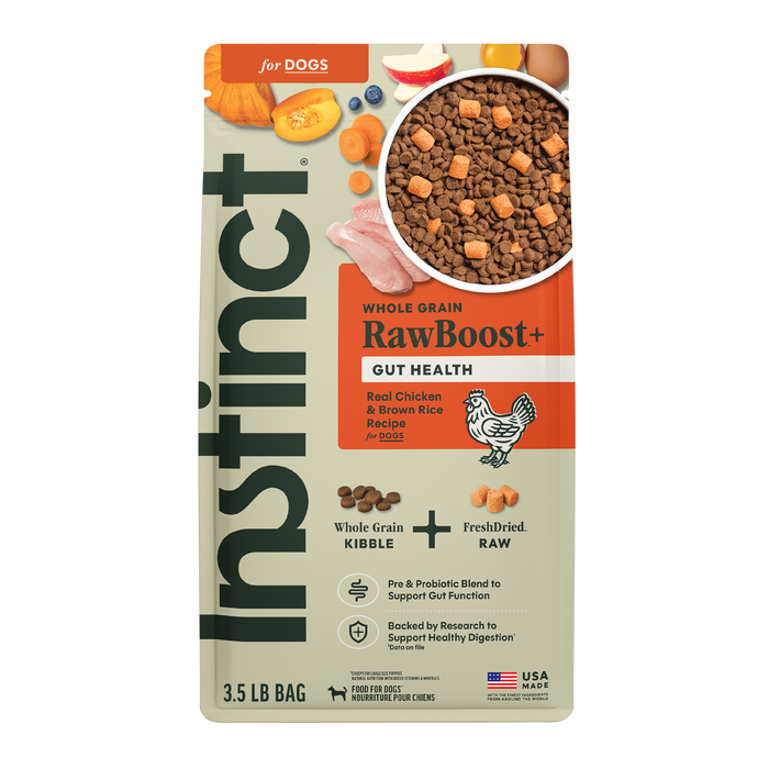Instinct RawBoost+ Whole Grain Kibble Gut Health Recipe dog 3.5 lb. front package