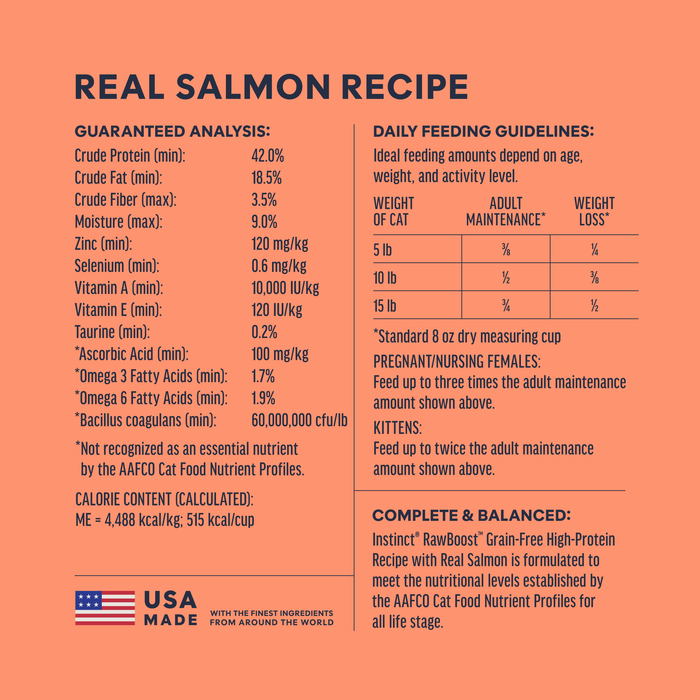 Instinct Raw Boost Kibble Real Salmon Recipe cat 4.5 lb. ingredients, nutrition and feeding label
