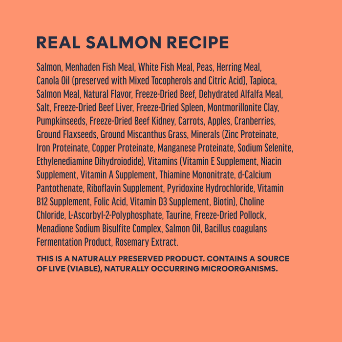 Instinct Raw Boost Kibble Real Salmon Recipe cat 4.5 lb. ingredients, nutrition and feeding label