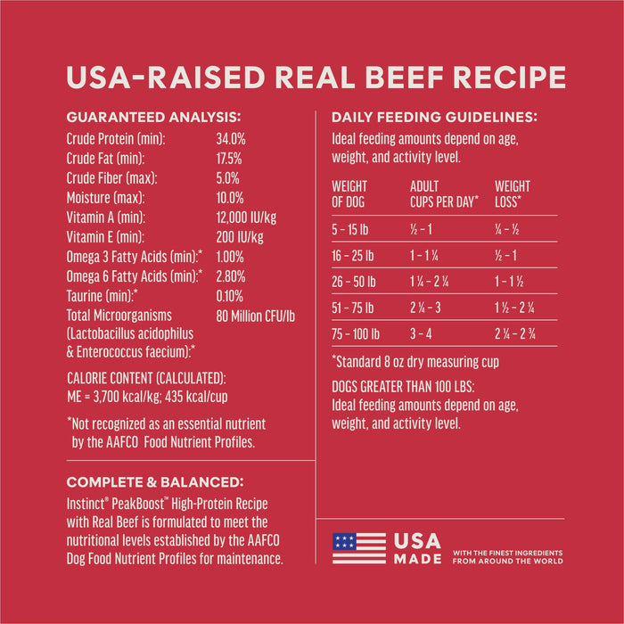 Instinct PeakBoost+ Kibble Real Beef Recipe dog 3.5 lb. ingredients, nutrition and feeding label