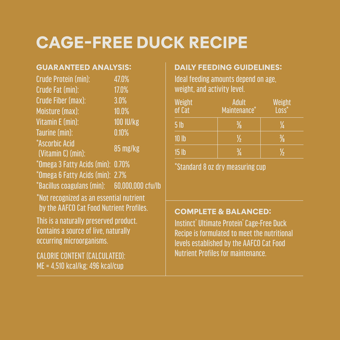 Instinct Ultimate Protein Kibble Cage-Free Duck Recipe cat 4 lb. ingredients, nutrition and feeding label