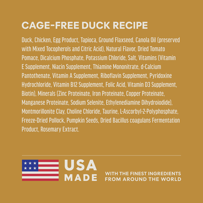 Instinct Ultimate Protein Kibble Cage-Free Duck Recipe cat 4 lb. ingredients, nutrition and feeding label