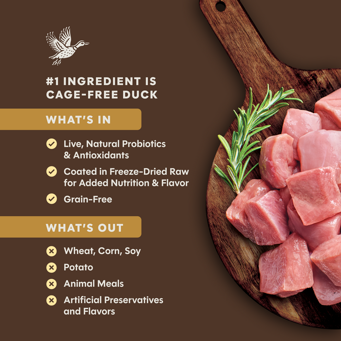 Instinct Ultimate Protein Kibble Cage-Free Duck Recipe cat 4 lb. product benefits and recipe information
