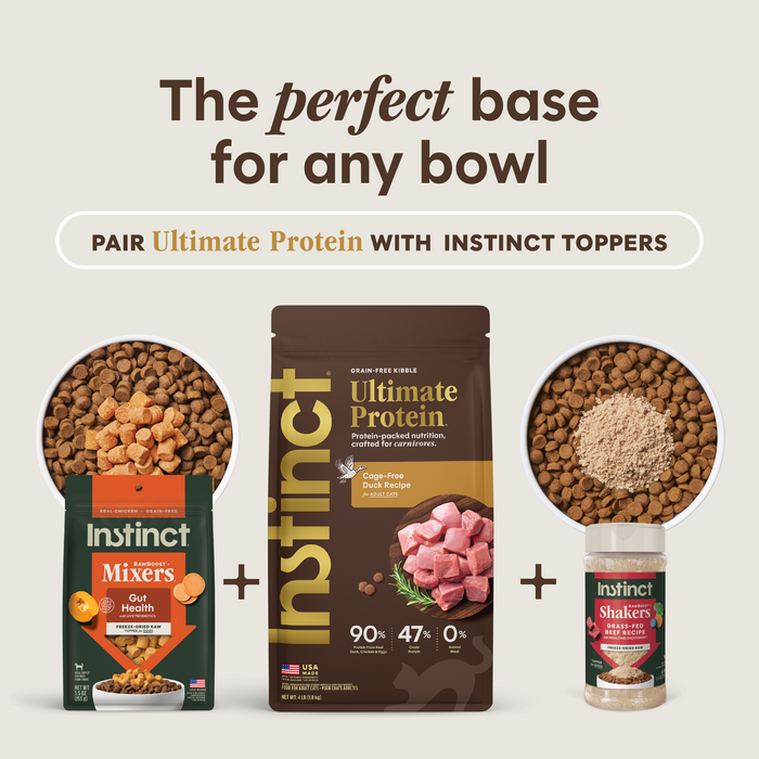 Instinct Ultimate Protein Kibble Cage-Free Duck Recipe cat 4 lb. product benefits and recipe information