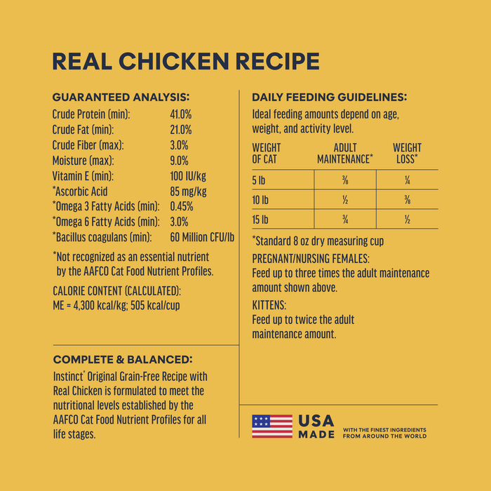 Instinct Original Kibble Real Chicken Recipe cat 5 lb. ingredients, nutrition and feeding label