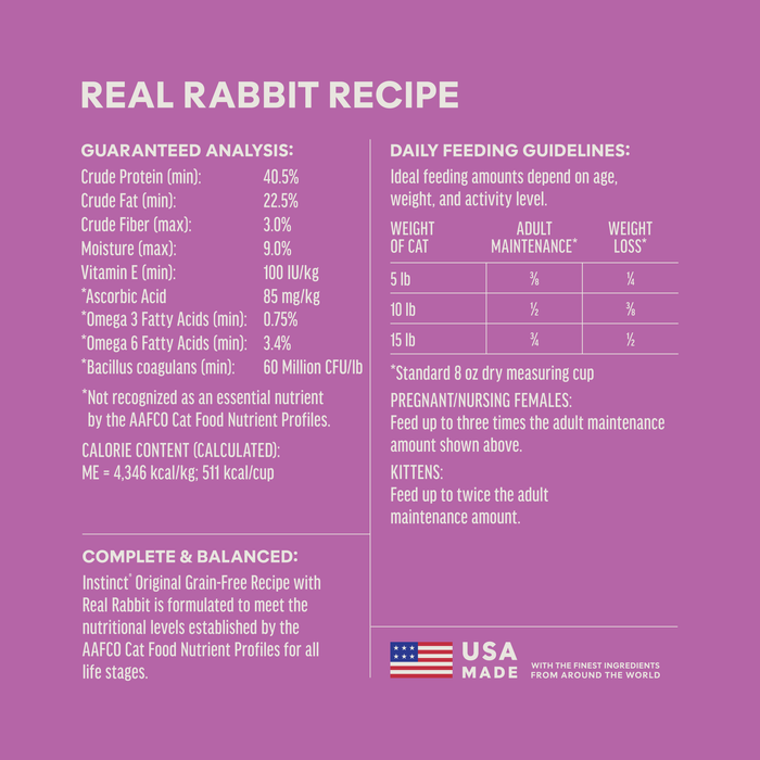 Instinct Original Kibble Real Rabbit Recipe cat 4.5 lb. ingredients, nutrition and feeding label