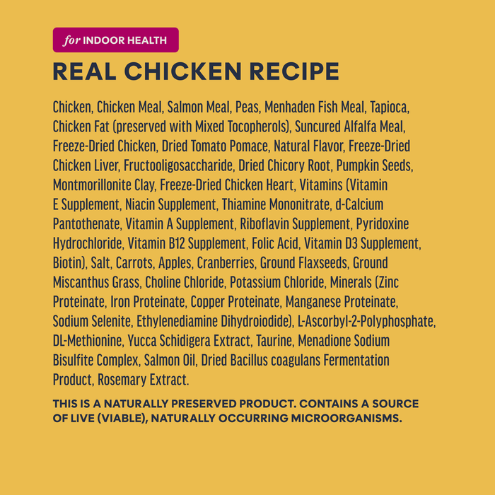 Instinct Raw Boost Kibble Indoor Health Recipe with Real Chicken cat 5 lb. ingredients, nutrition and feeding label
