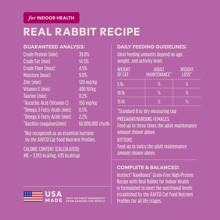 Instinct Raw Boost Kibble Indoor Health Recipe with Real Rabbit cat 4.5 lb. ingredients, nutrition and feeding label