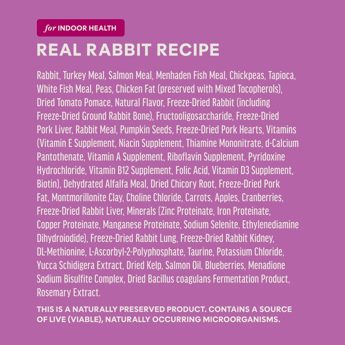 Instinct Raw Boost Kibble Indoor Health Recipe with Real Rabbit cat 4.5 lb. ingredients, nutrition and feeding label