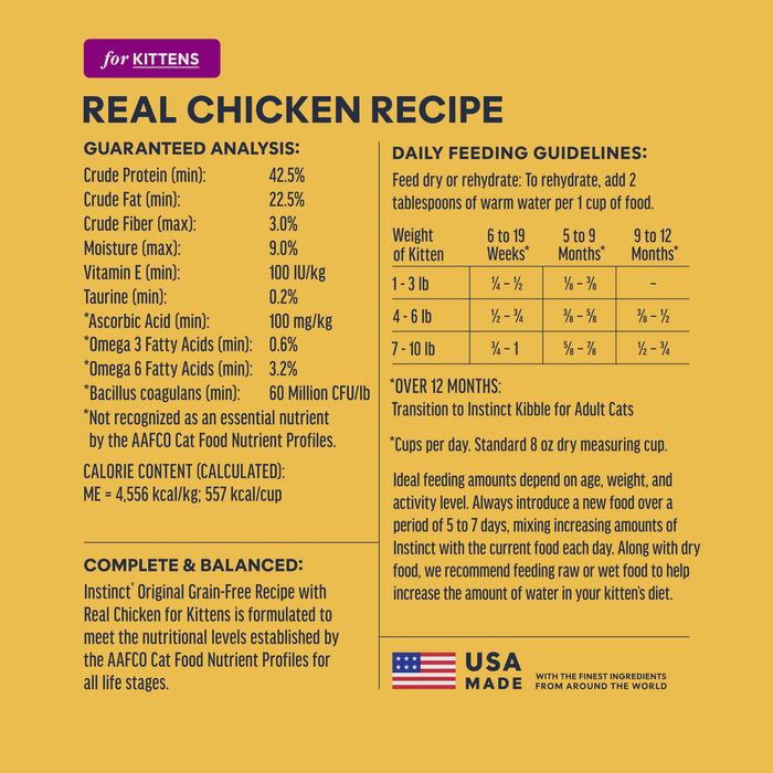 Instinct Original Kibble for Kittens Chicken Recipe cat 4.5 lb. ingredients, nutrition and feeding label