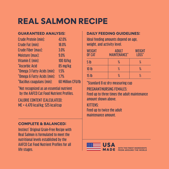 Instinct Original Kibble Real Salmon Recipe cat 4.5 lb. ingredients, nutrition and feeding label