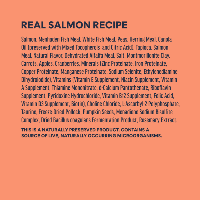 Instinct Original Kibble Real Salmon Recipe cat 4.5 lb. ingredients, nutrition and feeding label