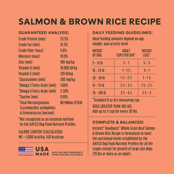 Instinct RawBoost+ Whole Grain Kibble Real Salmon & Brown Rice Recipe dog  ingredients, nutrition and feeding label