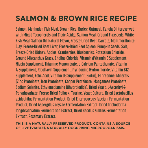 Instinct RawBoost+ Whole Grain Kibble Real Salmon & Brown Rice Recipe dog  ingredients, nutrition and feeding label