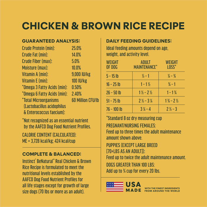 Instinct BeNatural Kibble Real Chicken & Brown Rice Recipe dog 25 lb. ingredients, nutrition and feeding label