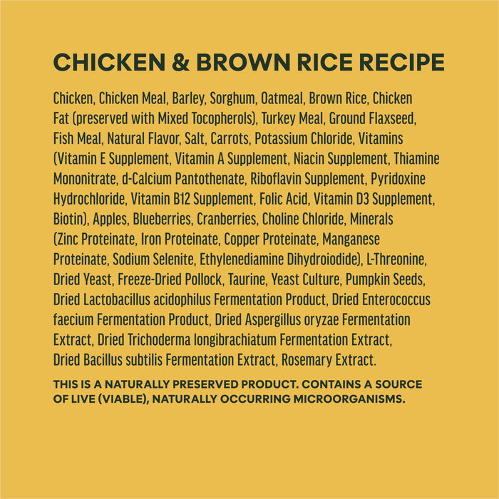 Instinct BeNatural Kibble Real Chicken & Brown Rice Recipe dog 25 lb. ingredients, nutrition and feeding label