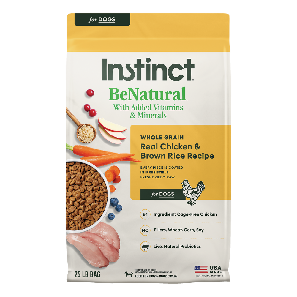 Instinct BeNatural Kibble Real Chicken & Brown Rice Recipe dog 25 lb. front package