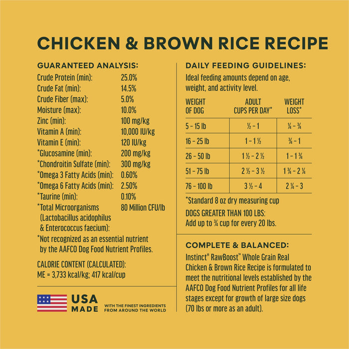 Instinct RawBoost+ Whole Grain Kibble Real Chicken & Brown Rice Recipe dog  ingredients, nutrition and feeding label