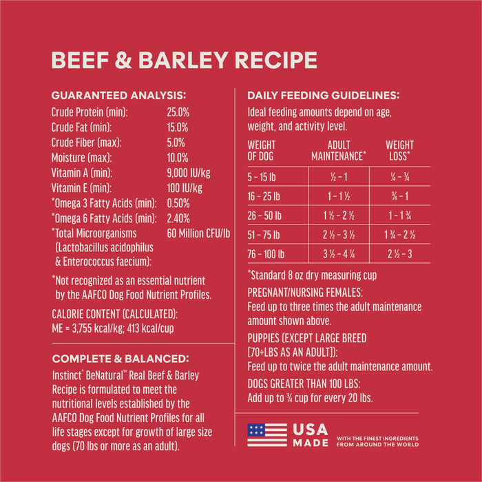 Instinct BeNatural Kibble Real Beef & Barley Recipe dog 25 lb. ingredients, nutrition and feeding label