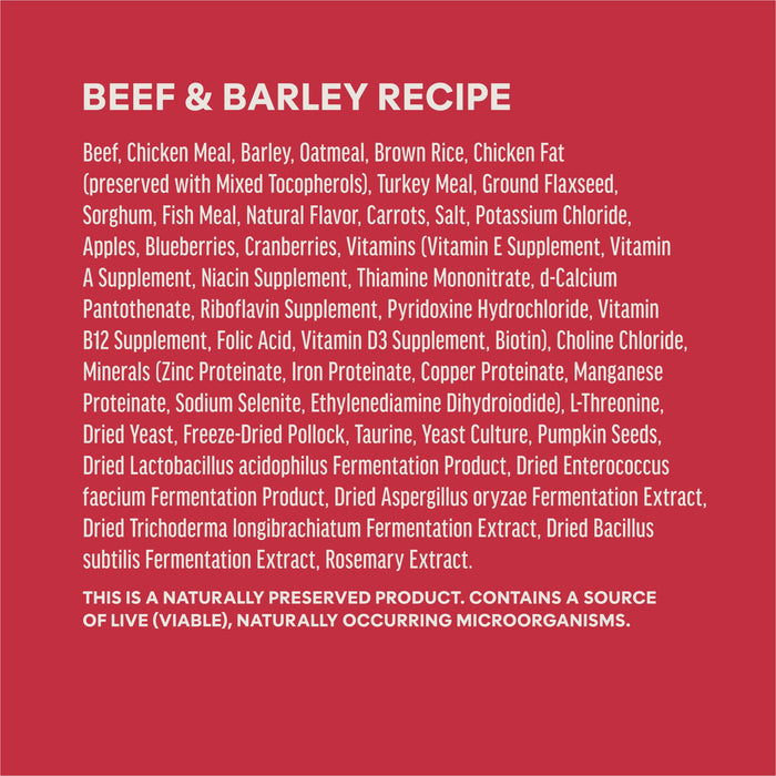 Instinct BeNatural Kibble Real Beef & Barley Recipe dog 25 lb. ingredients, nutrition and feeding label