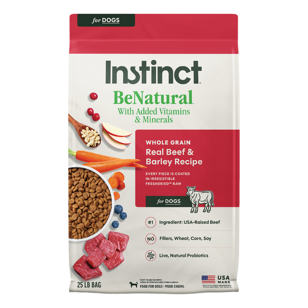 Instinct BeNatural Kibble Real Beef & Barley Recipe dog 25 lb. front package