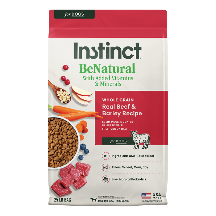 Instinct BeNatural Kibble Real Beef & Barley Recipe dog 25 lb. front package