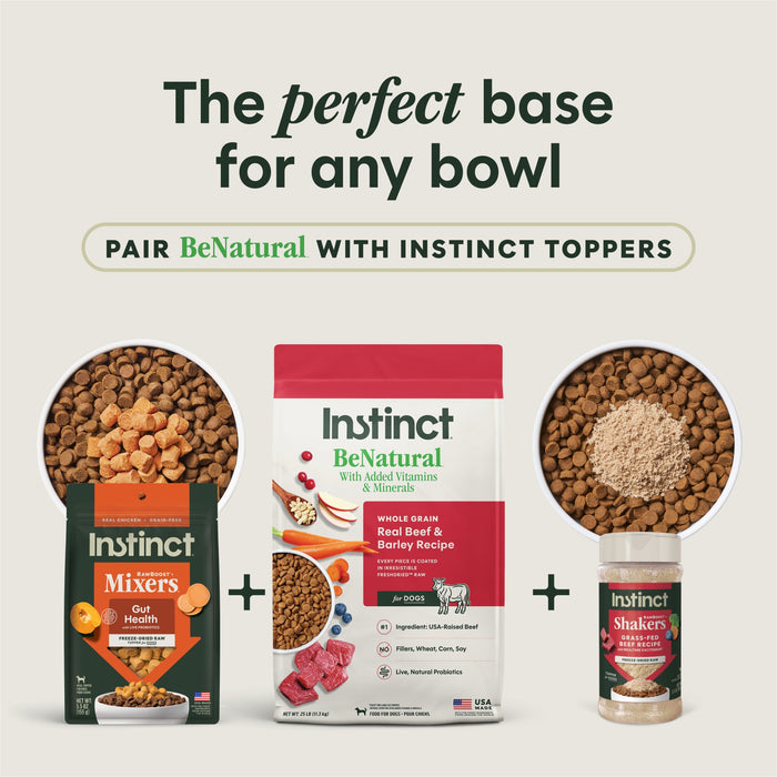 Instinct BeNatural Kibble Real Beef & Barley Recipe dog 25 lb. product benefits and recipe information