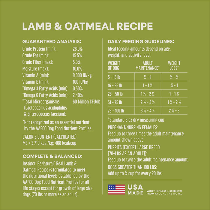 Instinct BeNatural Kibble Real Lamb & Oatmeal Recipe dog 24 lb. ingredients, nutrition and feeding label