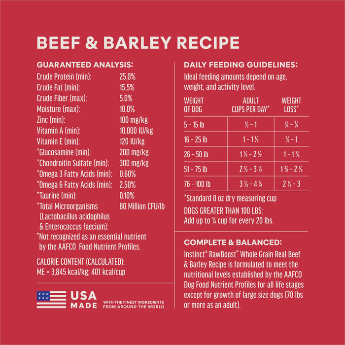 Instinct RawBoost+ Whole Grain Kibble Real Beef & Barley Recipe dog 20 lb. ingredients, nutrition and feeding label