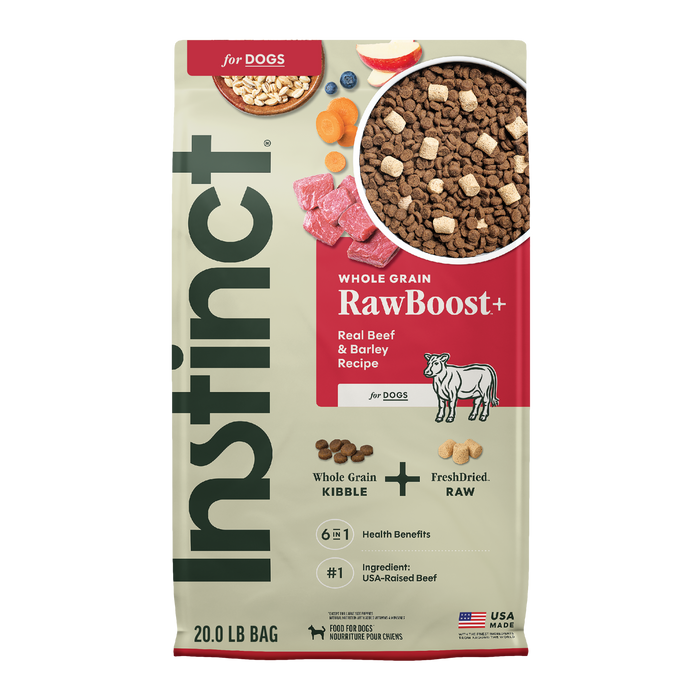 Instinct RawBoost+ Whole Grain Kibble Real Beef & Barley Recipe dog 20 lb. front package