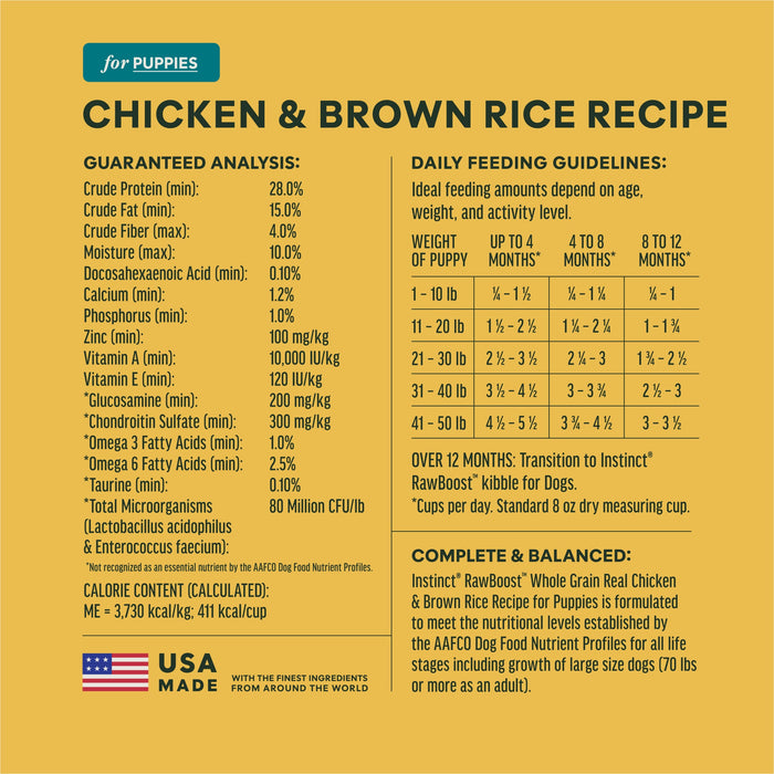 Instinct RawBoost+ Whole Grain Kibble for Puppies Chicken Recipe dog  ingredients, nutrition and feeding label