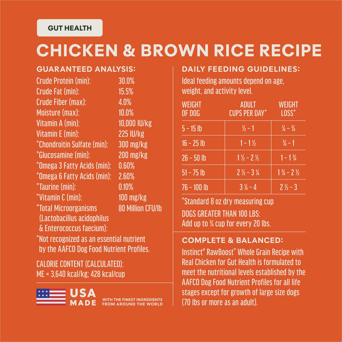 Instinct RawBoost+ Whole Grain Kibble Gut Health Recipe dog 18 lb. ingredients, nutrition and feeding label