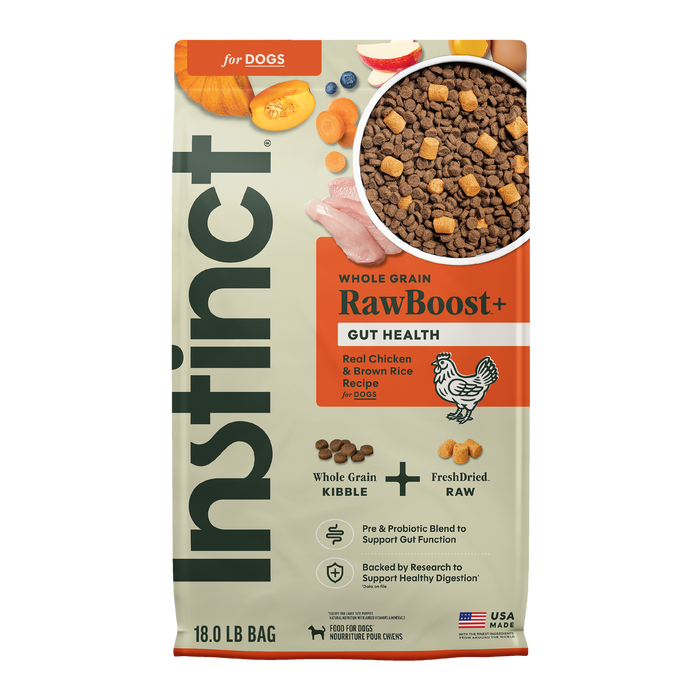 Instinct RawBoost+ Whole Grain Kibble Gut Health Recipe dog 18 lb. front package