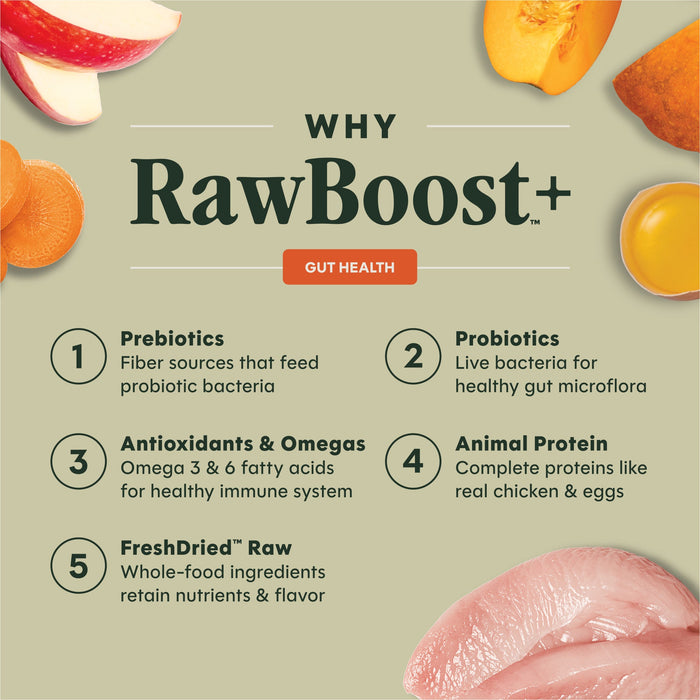 Instinct RawBoost+ Whole Grain Kibble Gut Health Recipe dog 18 lb. product benefits and recipe information