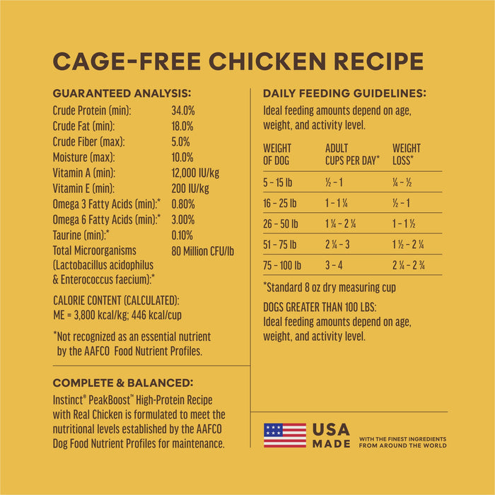Instinct PeakBoost+ Kibble Real Chicken Recipe dog 17 lb. ingredients, nutrition and feeding label