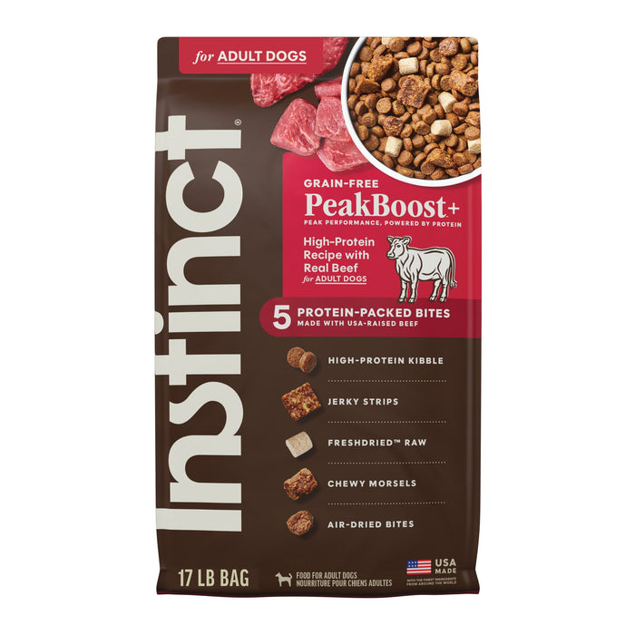 Instinct PeakBoost+ Kibble Real Beef Recipe dog 17 lb. front package