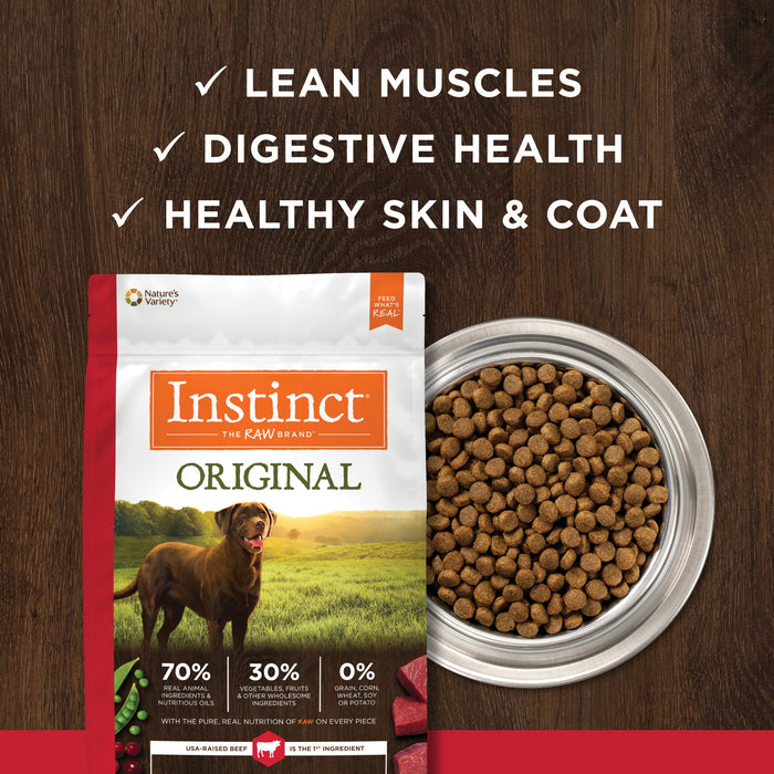 Instinct Original Kibble Real Beef Recipe dog 20 lb. product benefits and recipe information