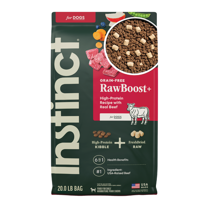 Instinct RawBoost+ Kibble Real Beef Recipe dog 20 lb. front package